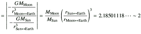 $\displaystyle = \left\vert \dfrac{-\dfrac{GM_{\rm Moon}}{r_{\rm Moon \leftright...
... Earth}}{r_{\rm Moon \leftrightarrow Earth}}\right)^3 = 2.18501118 \dots \sim 2$