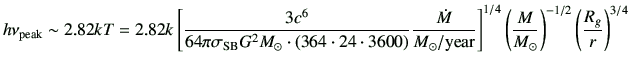 $\displaystyle h \nu_\mathrm{peak} \sim
2.82 kT = 2.82 k
\left[ \frac{3 c^6 }{6...
...]^{1/4} \left(\frac{M}{M_\odot}\right)^{-1/2} \left(\frac{R_g}{r}\right)^{3/4}
$