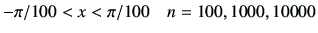 $ -\pi/100 < x < \pi/100\quad n=100,1000,10000$