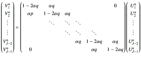 $\displaystyle \begin{pmatrix}V_1^{n}   V_2^{n}   \vdots   \vdots   V_{J...
...  U_2^{n}   \vdots   \vdots   U_{J-2}^{n}   U_{J-1}^{n} \end{pmatrix}$