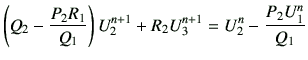 $\displaystyle \left(Q_2 -\frac{P_2 R_1}{Q_1}\right) U_2^{n+1} +R_2 U_3^{n+1} =U_2^n -\frac{P_2U_1^n}{Q_1}$