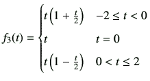 $\displaystyle f_3(t) = \begin{cases}t\left(1+\frac{t}{2}\right) & -2 \leq t < 0 \\  t & t=0 \\  t\left(1-\frac{t}{2}\right) & 0< t \leq 2 \end{cases}$