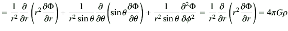 $\displaystyle = \frac{1}{r^2} \deL{r} \left(r^2 \del{\Phi}{r}\right) + \frac{1}...
...Phi}{\phi} = \frac{1}{r^2} \deL{r} \left(r^2 \del{\Phi}{r}\right) = 4\pi G \rho$