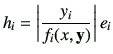 $\displaystyle h_i =\left\vert\frac{y_i}{f_i(x,{\vy})}\right\vert e_i
$