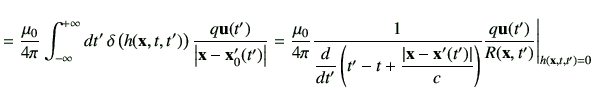 $\displaystyle =\frac{\mu_0}{4\pi}\Int dt' \, \delta\left(h(\vx,t,t')\right) \fr...
...')\right\vert}{c}\right)} \frac{q\vu(t')}{R(\vx,t')}\Bigg\vert _{h(\vx,t,t')=0}$