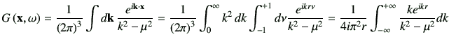 $\displaystyle G\xo = \frac{1}{\left(2\pi\right)^3} \int d\vk \, \frac{e^{i\vk \...
...} = \frac{1}{4i \pi^2 r} \int_{-\infty}^{+\infty} \frac{ke^{ikr}}{k^2 -\mu^2}dk$