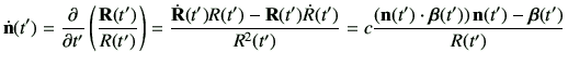 $\displaystyle \dot{\vn}(t')= \deL{t'}\left(\frac{{\bf R}(t')}{R(t')}\right)=\fr...
...c\frac{\left( \vn(t')\cdot \bm{\beta}(t')\right)\vn(t')- \bm{\beta}(t')}{R(t')}$