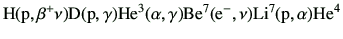 $\displaystyle {\rm H(p,\beta^+ \nu)D(p,\gamma)He^3(\alpha,\gamma)Be^7(e^-,\nu)Li^7(p,\alpha)He^4}$