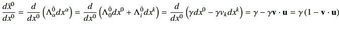 $\displaystyle \di{\bar{x}^0}{x^0}
= \frac{d}{dx^0} \left( \Lambda_{\alpha}^{\ba...
...^k \right)
= \gamma - \gamma \vv \cdot \vu =\gamma \left(1-\vv\cdot \vu\right)
$