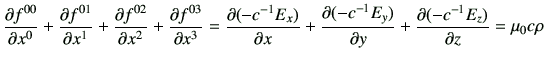 $\displaystyle \del{f^{00}}{x^0} + \del{f^{01}}{x^1} + \del{f^{02}}{x^2} + \del{...
...} E_x)}{x} + \del{({-c}^{-1} E_y)}{y} + \del{({-c}^{-1} E_z)}{z} = \mu_0 c\rho
$