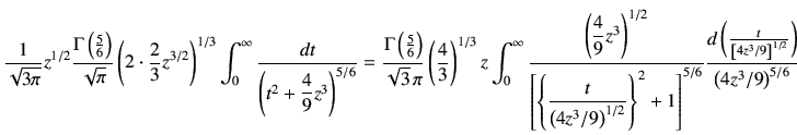$\displaystyle \frac{1}{\sqrt{3\pi}} z^{1/2} \frac{\Gamma\left(\frac{5}{6}\right...
...ft( \frac{t}{ \left[ 4z^3/9 \right]^{1/2} } \right)}{\left(4z^3/9\right)^{5/6}}$