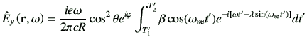 $\displaystyle \hat{E}_y\ro = \frac{ie\omega}{2\pi c R} \cos^2\theta e^{i\varphi...
...rm se}} t') e^{-i\left[\omega t'-\lambda \sin(\omega_{{\rm se}} t')\right]} dt'$