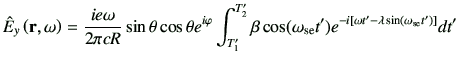 $\displaystyle \hat{E}_y\ro = \frac{ie\omega}{2\pi c R} \sin\theta\cos\theta e^{...
...rm se}} t') e^{-i\left[\omega t'-\lambda \sin(\omega_{{\rm se}} t')\right]} dt'$