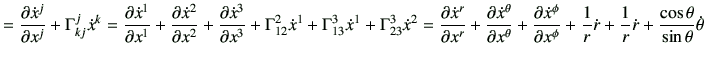 $\displaystyle = \frac{\partial \dot{x}^j}{\partial x^j} + \Gamma_{kj}^j \dot{x}...
...c{1}{r} \dot{r} +\frac{1}{r} \dot{r} +\frac{\cos\theta}{\sin\theta}\dot{\theta}$