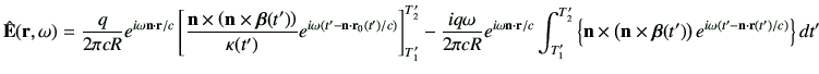 $\displaystyle \hat{\vE}(\vr,\omega) =\frac{q}{2\pi c R}e^{i\omega \vn\cdot \vr/...
...bm{\beta}(t')\right)e^{i\omega \left(t'-\vn \cdot \vr(t')/c\right)} \right\}dt'$