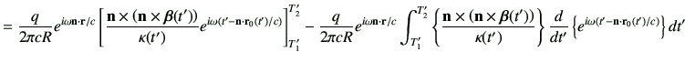 $\displaystyle = \frac{q}{2\pi c R}e^{i\omega \vn \cdot \vr/c} \left[ \frac{ \vn...
...t\} \dI{t'}\left\{ e^{i\omega \left(t' -\vn\cdot \vr_0(t')/c\right)}\right\}dt'$